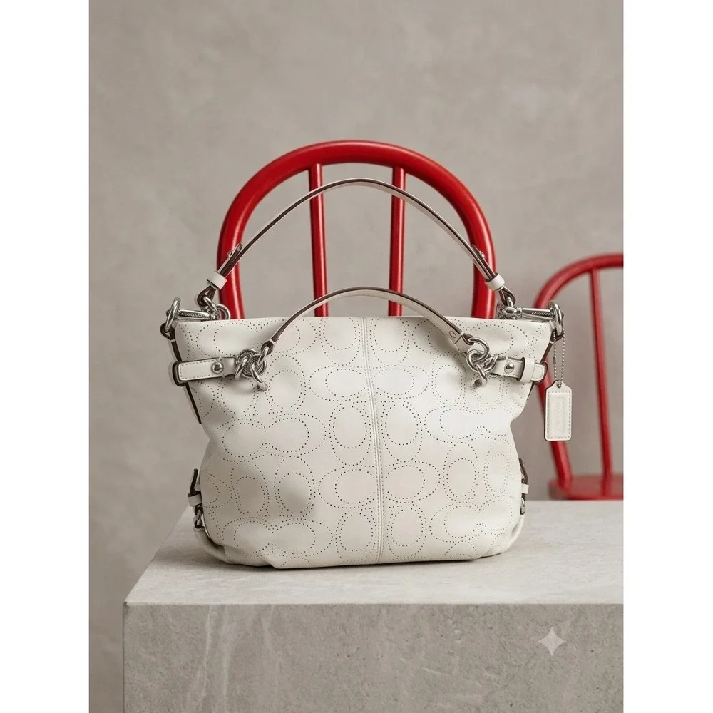 Coach Perforated Signature Leather Shoulder Bag Off White Silver Hardware Hobo